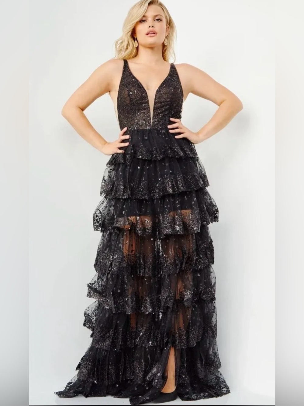 Jovani Elegant Black Tiered High-Low Evening Dress